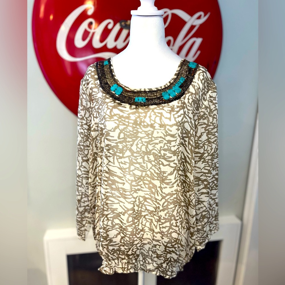 Chico’s sheer blouse with turquoise and sequin embellishments, EUC, size 3